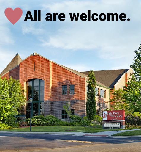 All are welcome text on photo of the exterior of the library